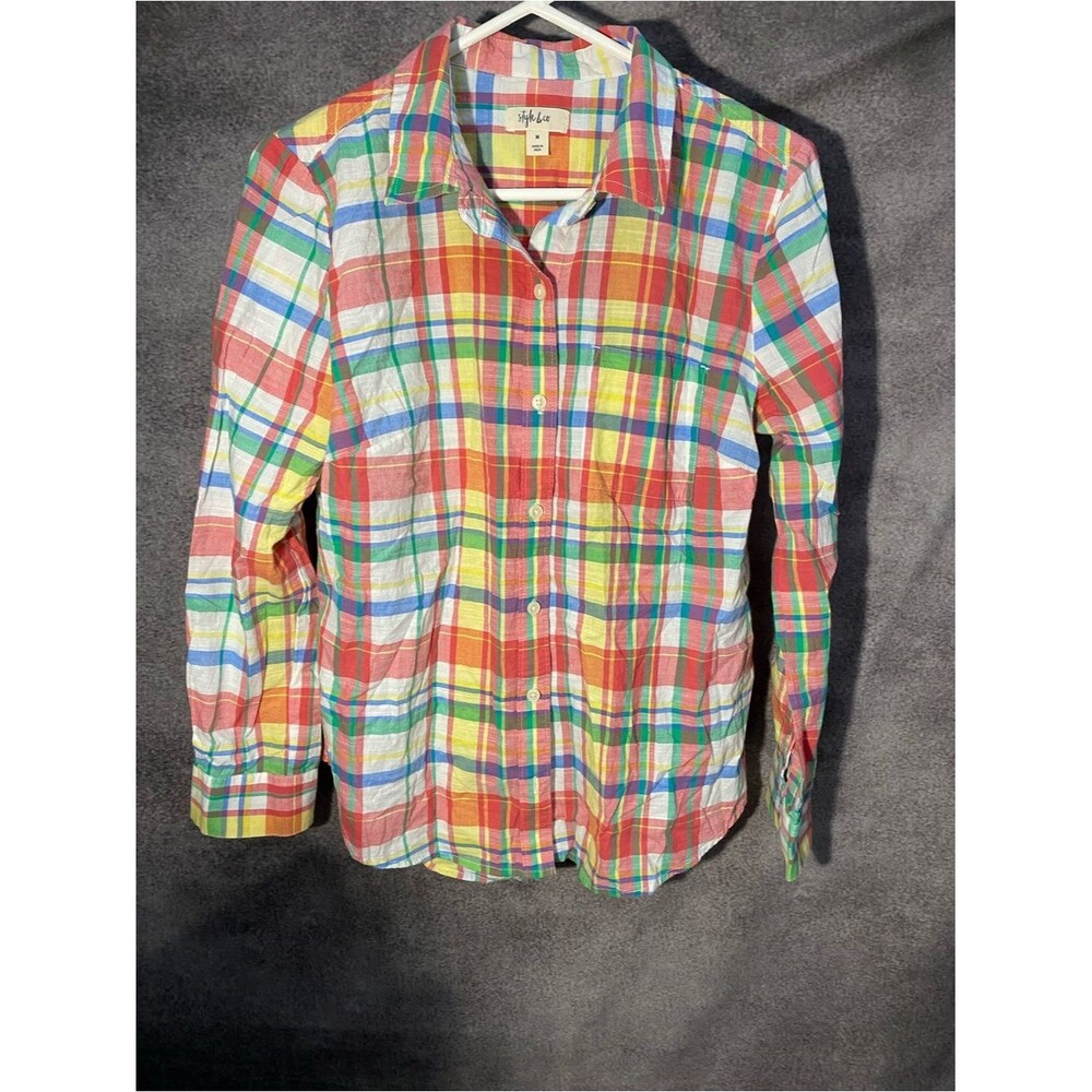Style & Co Women's M Rainbow Plaid Button Front Shirt Cotton Multicolor LS